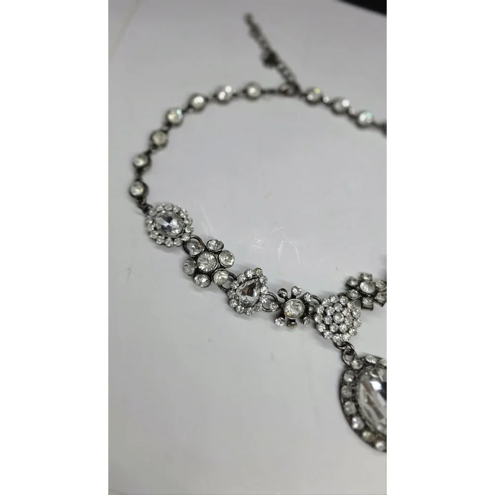 Vintage Rhinestone Flower Statement Gunmetal Necklace Large Oval Crystal Pendant